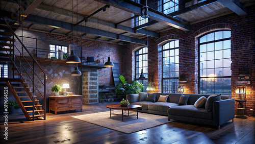A contemporary loft apartment with industrial-chic decor and exposed brick walls, offering a perfect blend of style and comfort.