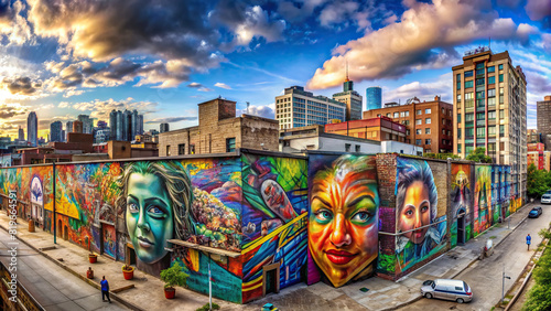 A panoramic shot of a cityscape featuring various graffiti pieces on building walls, adding flair to the urban environment.