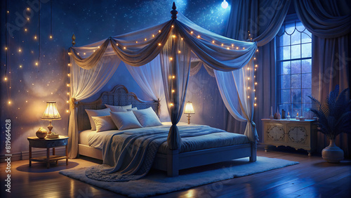 A cozy bedroom retreat with a plush canopy bed and soft, ambient lighting, creating a haven of comfort and tranquility.