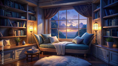 A cozy reading nook nestled beside a bay window, furnished with plush cushions and bathed in soft, natural light.