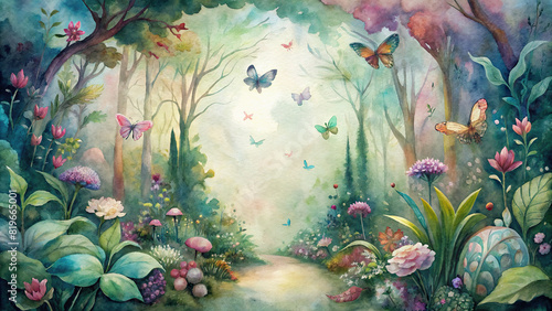 A whimsical depiction of a secret garden hidden within a forest, where butterflies flutter among exotic flowers under a watercolor sky