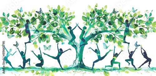 Illustration of yoga people doing tree pose, international yoga day