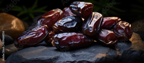 dried dates sitting on stone, in the style of smooth and shiny, sleek, orientalist imagery