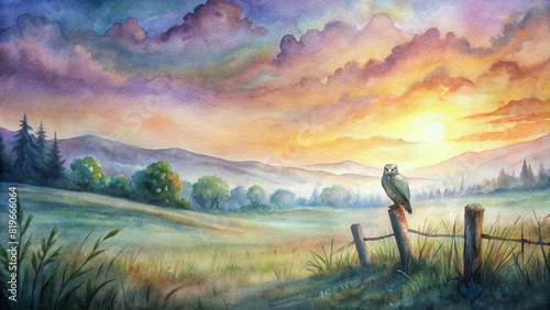 Watercolor painting capturing the tranquility of a meadow at sunset, with a lone owl perched majestically atop a weathered fence post.
