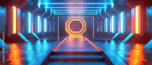 A blank podium showcasing a futuristic corridor with glowing blue and orange lights and a central octagonal portal