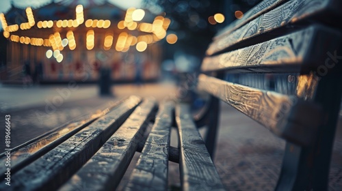a wooden bench, sharply detailed against a amusement park background