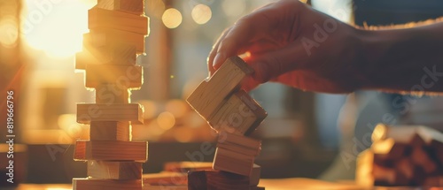 A closeup of a hand carefully pulling a wooden block from a teetering tower of wooden blocks, with a soft background and warm sunlight filtering through