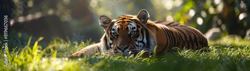 A closeup photograph of a majestic tiger lying in lush green grass