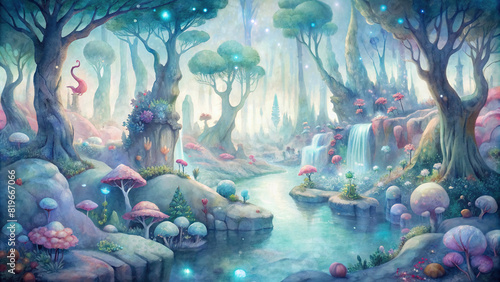 A whimsical depiction of a magical forest filled with fairy-tale creatures, sparkling streams, and towering ancient trees