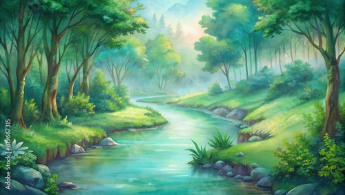 An idyllic scene of a meandering stream flowing gently through a verdant forest, with vibrant foliage reflected in its crystal-clear waters