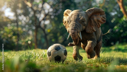 Playful Elephant Kicking Giant Soccer Ball on Lush Green Grass Field