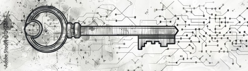 A detailed sketch illustration of a key with binary code etched into its surface