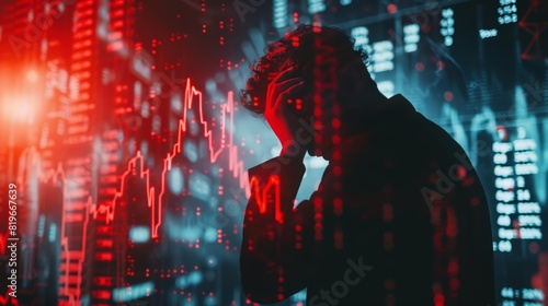A distressed businessman clutching his head, with a red downward stock market graph superimposed over him, set against a dark background with financial data and charts