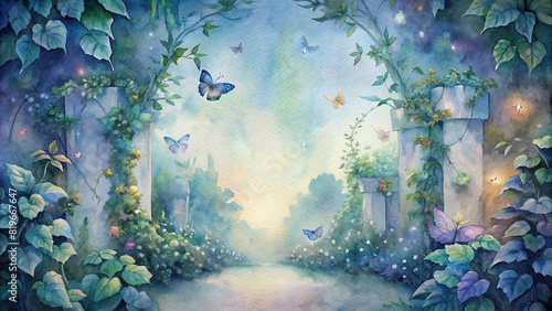 A dreamy watercolor scene of a secret garden hidden behind a tangle of ivy-covered walls, where butterflies flit among the blossoms under the soft glow of twilight