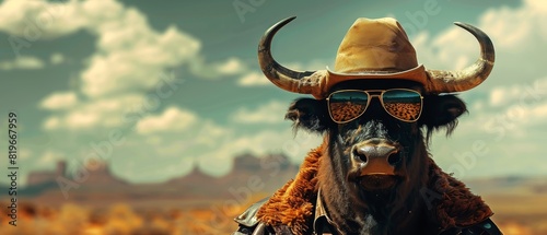 A cool buffalo in a cowboy hat and sunglasses, standing in front of a western desert background