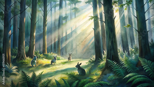 Sunlight filters through the canopy of a dense forest, casting dappled shadows on the forest floor where a family of rabbits plays among the ferns