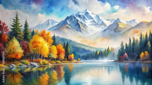 Panoramic view of a serene mountain lake surrounded by snow-capped peaks and vibrant autumn foliage, showcasing the beauty of seasonal change 