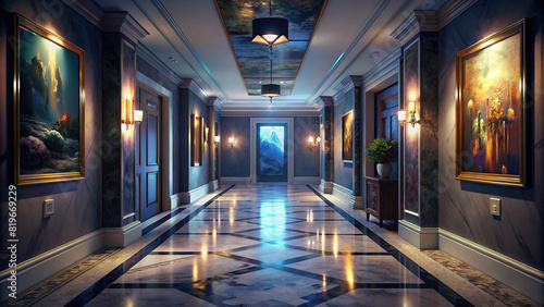 Elegant hallway with marble flooring, recessed lighting, and artwork on the walls