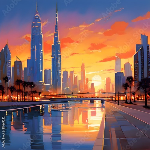 Skyline of Dubai during a sunset, generative AI