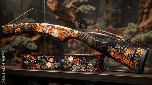 Exquisitely Crafted Traditional Japanese Bow with Intricate Floral and Fauna Motifs on Wooden Display