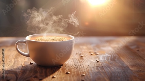 Freshly Brewed Cup of Coffee Capturing Aroma and Warmth on Wooden Table