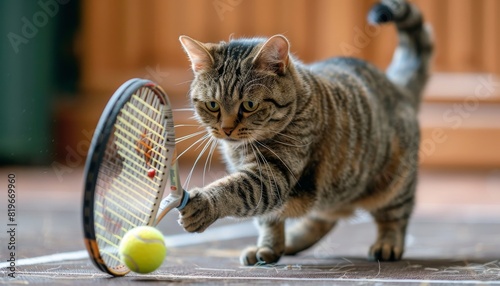 Playful Cat Engaged in Tennis Match with Miniature Racket and Ball