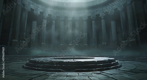 A cinematic still of an empty, dark circular stone platform in the center of a large roman hall with tall pillars and dramatic lighting