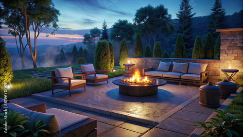 Inviting outdoor patio with comfortable seating and a fire pit, perfect for al fresco gatherings