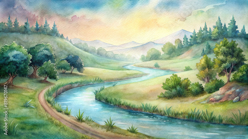 A lazy stream winds its way through the idyllic landscape, adding to the sense of tranquility and peace