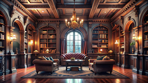 Luxurious home library with rich wood paneling and cozy reading nooks, a haven for book lovers