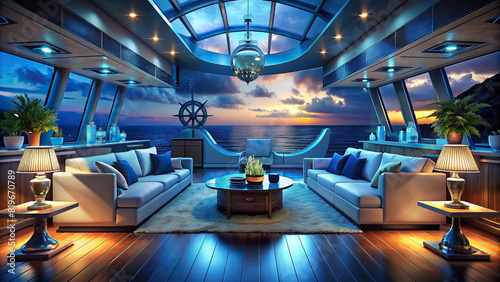 Luxurious yacht interior design with clean, nautical-themed decor and clear ocean views