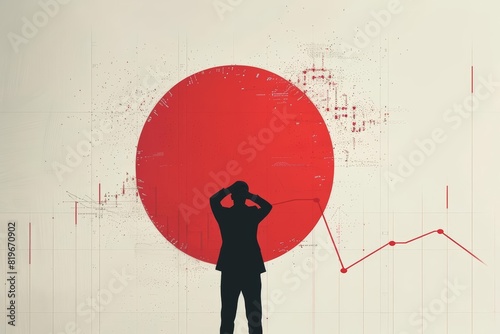 A top view of a businessman clutching his head, with a large red downward stock market graph in the center for text, set against a clean, minimalistic background with a somber tone