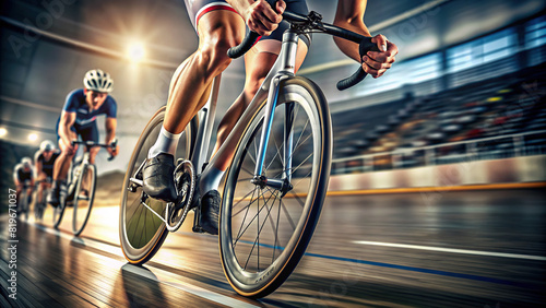 Close-up of a determined cyclist's legs pedaling furiously during a race, showing their serious commitment to winning 