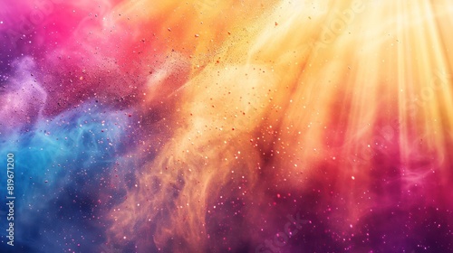 Abstract patterns of colorful powder swirling through the air, illuminated by beams of radiant sunlight in the background. 