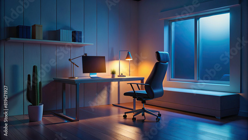 Minimalist workspace with a sleek desk, ergonomic chair, and uncluttered design