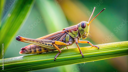 Close-up of a grasshopper resting on a blade of grass, with focus on its antennae