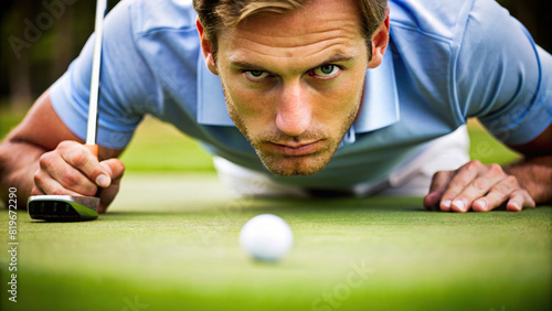 Macro shot of a golfer's eyes squinting with concentration as they line up a putt on the green, demonstrating their serious approach to the game 
