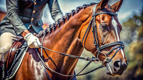 Macro shot of a serious equestrian's hands holding the reins with control and determination, guiding the horse through a challenging course 