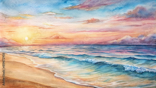 A watercolor illustration of a serene seascape, with waves gently lapping against a sandy shore under a pastel sunset sky.