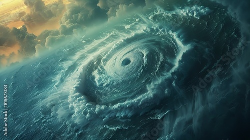 Illustration of a powerful hurricane swirling over the ocean, depicting its immense size and destructive potential.