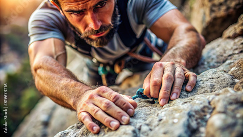 Detailed close-up of a serious rock climber's hands gripping the rocky surface, displaying their focus and determination to conquer the ascent 