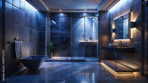 Sleek bathroom with a walk-in shower, porcelain tiles, and chrome accents
