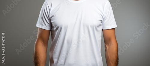 photo of man in stylish plain white t-shirt on white background, Mockup for design