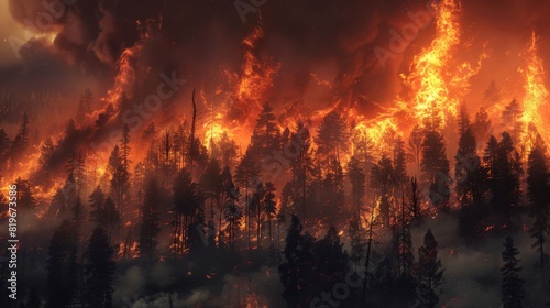 A raging wildfire spreads rapidly through a forest, engulfing trees and sending plumes of smoke into the sky.