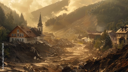 A mountainside gives way, triggering a landslide that buries homes and roads beneath a cascade of earth and debris.