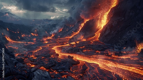 Lava flows from a volcanic eruption, engulfing the landscape in molten rock and ash.