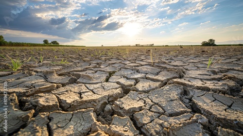 Dry, cracked earth stretches for miles during a severe drought, withered crops and parched fields as far as the eye can see.