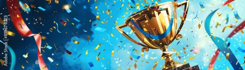 An illustration of a golden trophy on a pedestal with blue and gold ribbons, confetti falling, and a vibrant blue background