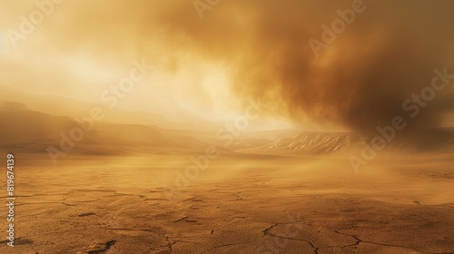 A sandstorm engulfs a desert landscape, reducing visibility to near zero and coating everything in a fine layer of dust.