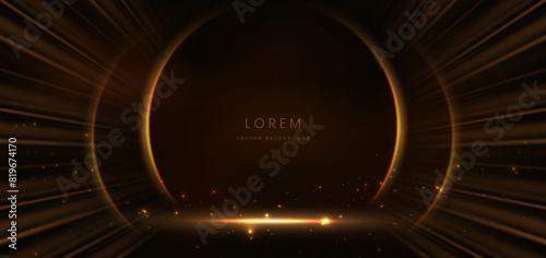Elegant golden circle glowing with lighting effect sparkle on dark brown background.